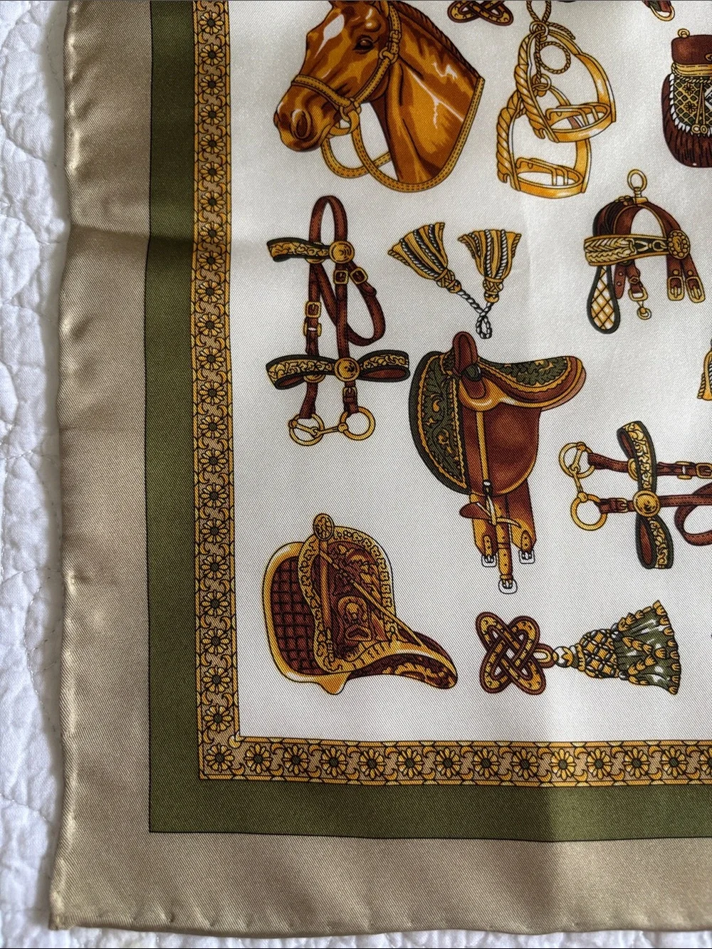 Unbranded Equestrian Motif Print Silk Scarf Ivory Gold & Olive Handmade